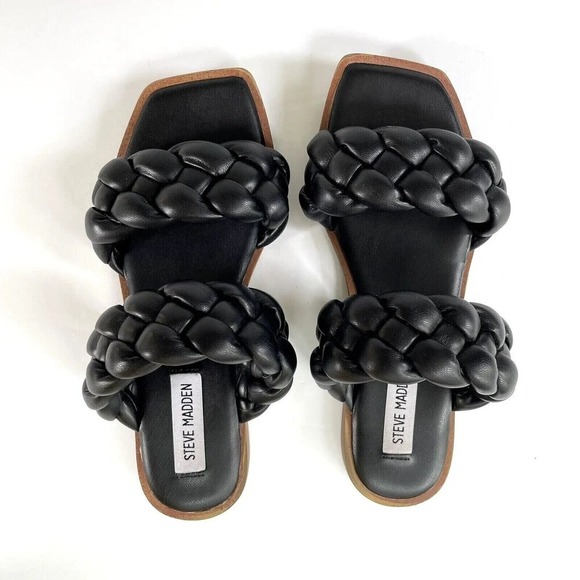 Steve Madden Black Braided Open Toe Slides Flats Sandals Vegan Faux Leather - Picture 3 of 16